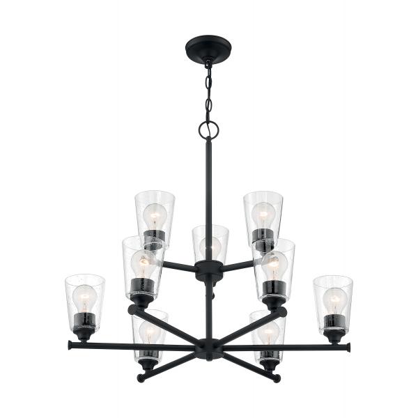 SATCO/NUVO Bransel 9-Light Chandelier Fixture Matte Black Finish With Clear Seeded Glass (60-7289)