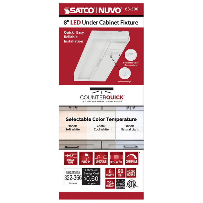 SATCO/NUVO CounterQuick 5W 8 Inch LED White Under Cabinet Light CCT Selectable 40000 Hours (63-500)