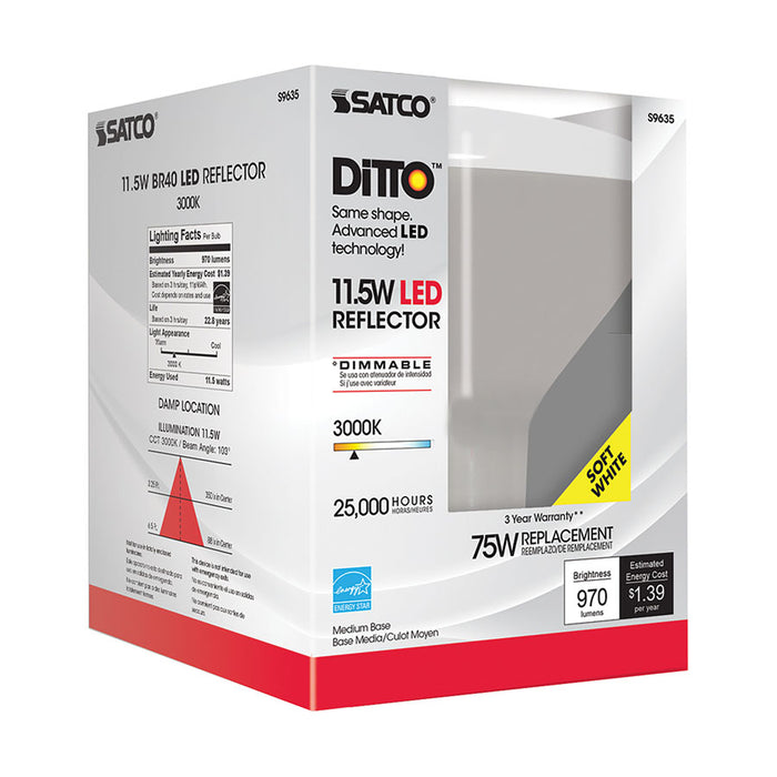 SATCO/NUVO Ditto 11.5BR40/LED/3000K/940L/120V 11.5W LED BR40 3000K 103 Degree Beam Spread Medium Base 120V Dimmable (S9635)