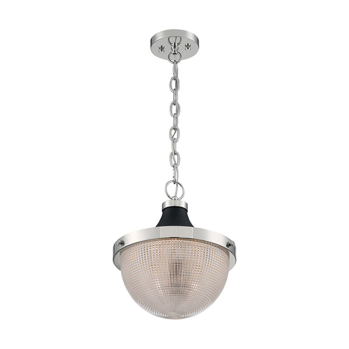 SATCO/NUVO Faro 1-Light Large Pendant Fixture Polished Nickel Finish With Black Accents Clear Prismatic Glass (60-7070)