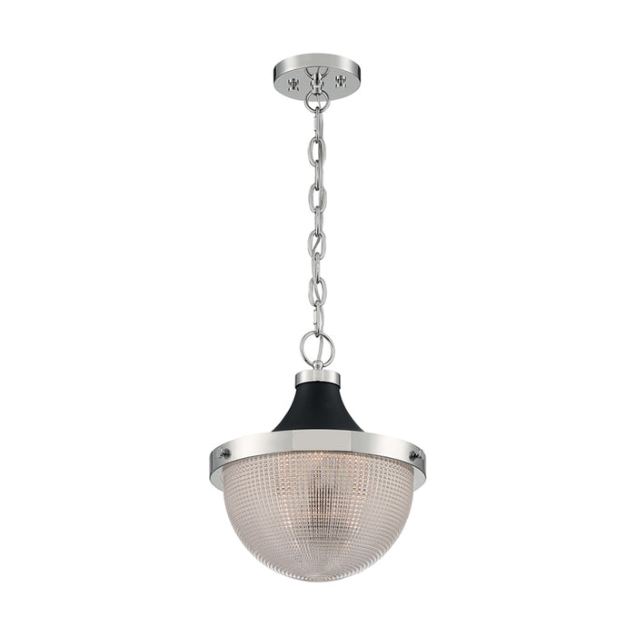 SATCO/NUVO Faro 1-Light Large Pendant Fixture Polished Nickel Finish With Black Accents Clear Prismatic Glass (60-7070)