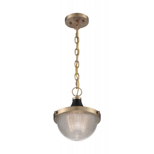 SATCO/NUVO Faro 1-Light Small Pendant Fixture Burnished Brass Finish With Black Accents Clear Prismatic Glass (60-7059)