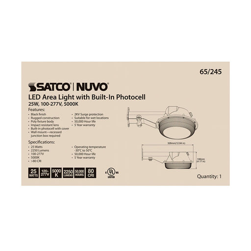 SATCO/NUVO LED Area Light 25W Black Finish 5000K 120-277V (65-245)