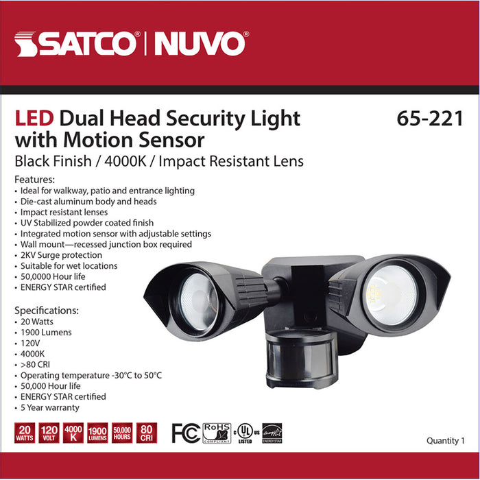 SATCO/NUVO LED Security Light Dual Head Black Finish 4000K Motion Sensor (65-221)