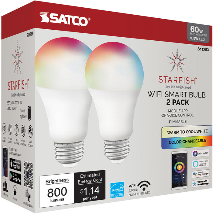SATCO/NUVO Starfish 9.5W A19 LED RGB And Tunable White Starfish IOT 120V 800Lm 2-Pack (S11253)