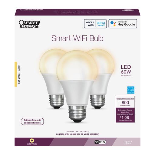 Feit Electric 9W Soft White 2700K A19 LED Alexa Google Smart Wi-Fi Bulb 3-Pack (OM60/927CA/AG/3)