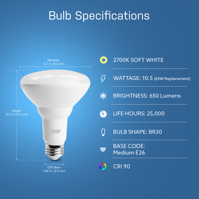 Feit Electric 7.2W [65W Equivalent] Soft White 2700K E26 Base BR30 LED Smart Wi-Fi Light Bulb (BR30/927CA/AG)