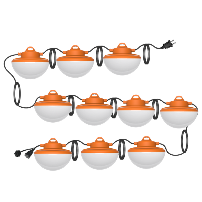 RAB LED Temporary String Light 10 Bulbs 1200Lm Per Bulb Integrated Hanging Hook On Each Lamp 100 Foot SPT-2W 18/2 AWG Power Cord (STRING17-100)