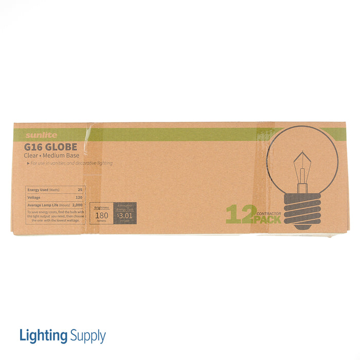 Sunlite 25G16/CL/MED/12PK Incandescent 25W 180Lm 2600K G16 Lamp 12 Pack (40135-SU)