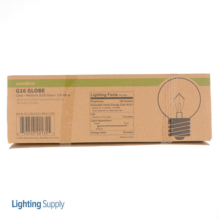 Sunlite 25G16/CL/MED/12PK Incandescent 25W 180Lm 2600K G16 Lamp 12 Pack (40135-SU)