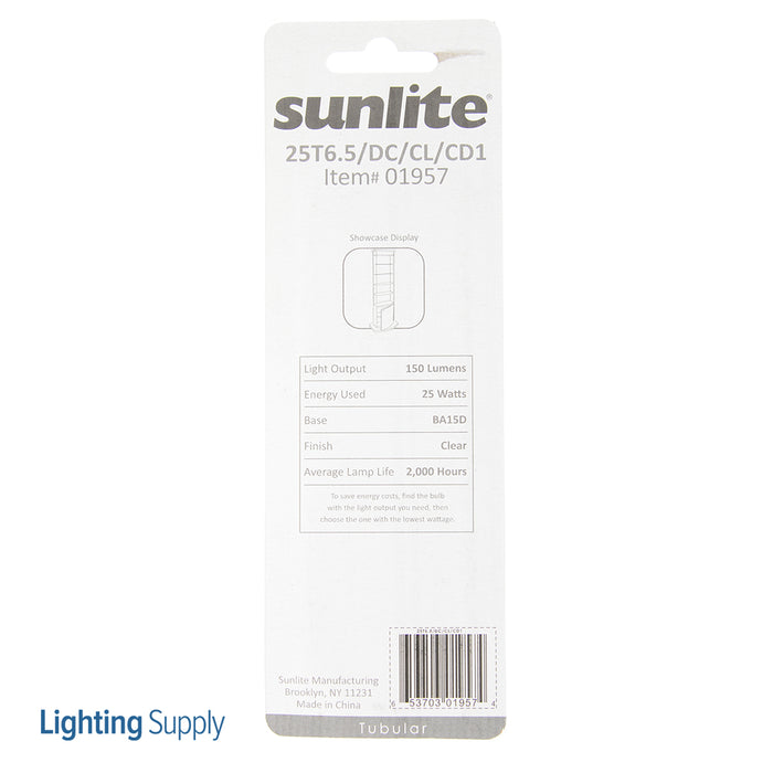 Sunlite 25T6.5/DC/CL/CD1 Incandescent 120V 25W 170Lm Tubular T6.5 Double Contact Bayonet BA15D Dimmable (01957-SU)