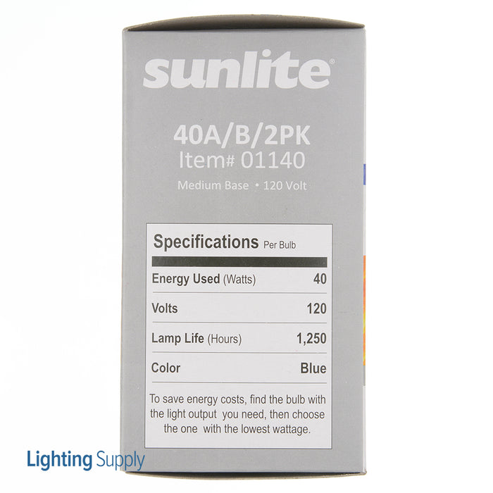 Sunlite 40A/B/2PK Blue Incandescent 120V 40W A19 Medium E26 Dimmable Sold As 2-Pack (01140-SU)