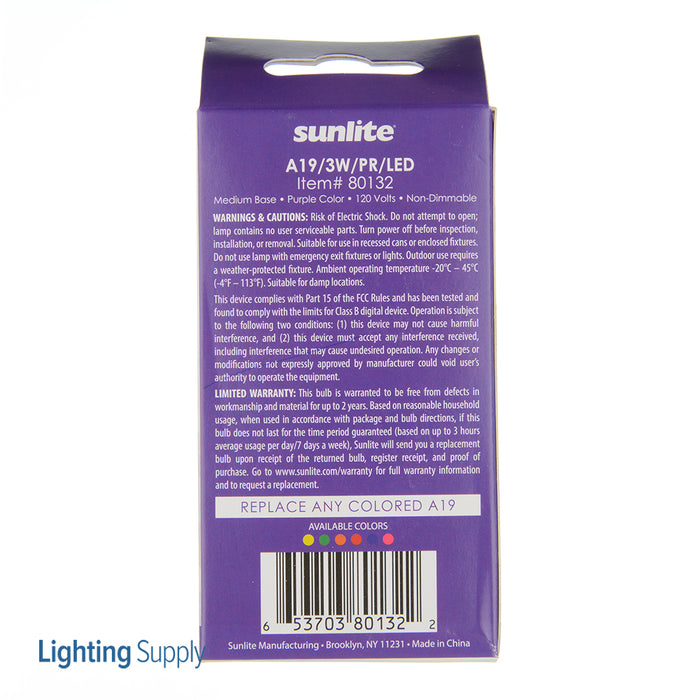Sunlite A19/3W/PR/LED Omnidirectional Party And Decorative (80132-SU)