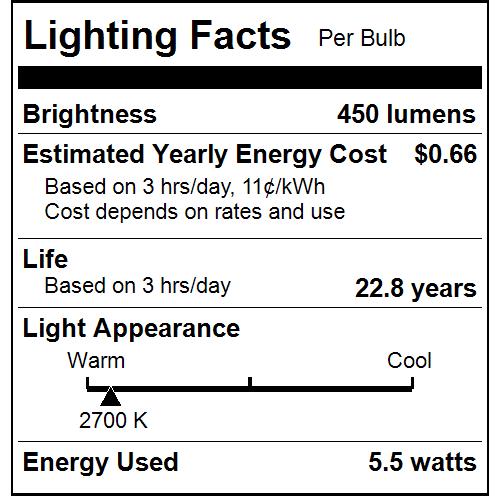 Sunlite A19/LED/5.5W/E/D/27K LED A19 Light Bulbs 5.5W 40W Equivalent 450Lm Dimmable Medium Base UL Listed 2700K Warm White 1 Pack (88347-SU)