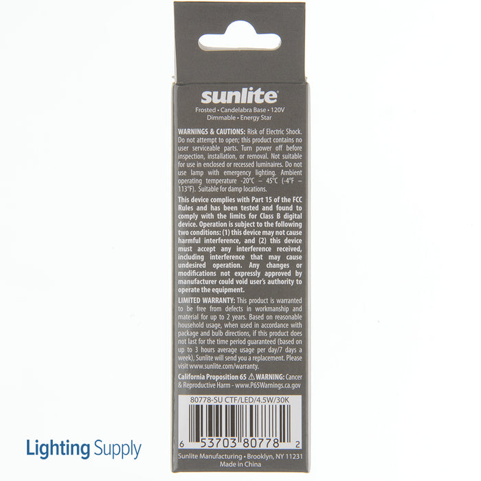 Sunlite CTF/LED/4.5W/30K 5W LED B11 Bulb 300Lm Warm White 3000K Candelabra E12 Base (80778-SU)