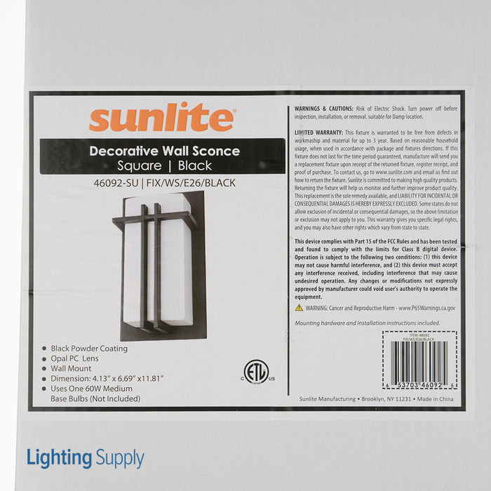 Sunlite FIX/WS/E26/BLACK Rectangular Incandescent Wall Mount Sconce Fixture Black Powder Finish 120V (46092-SU)