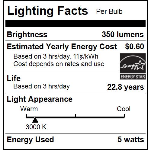 Sunlite G16.5/LED/5W/CRI90/E12/FR/D/E/30K LED 5W 350Lm 3000K 90 CRI Series Bulb 6 Pack (82041-SU)