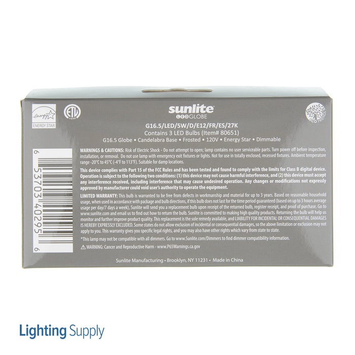 Sunlite G16.5/LED/5W/D/E12/FR/ES/27K/3PK LED 5W 350Lm 2700K G16.5 Lamp Candelabra Base 3-Pack (40295-SU)