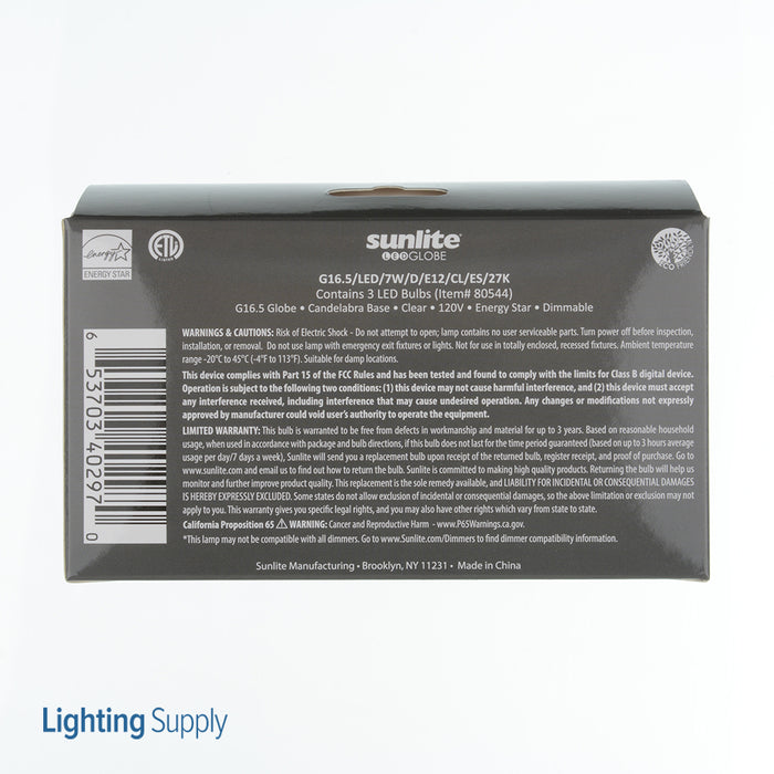 Sunlite G16.5/LED/7W/D/E12/CL/E/27K LED 7W 500Lm 2700K G16.5 Lamp Candelabra Base 3-Pack (40297-SU)