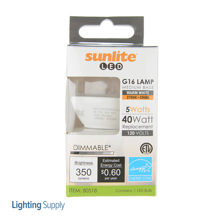 Sunlite G16/LED/5W/E26/D/CL/E/27K LED 2700K 120V 5W 350Lm Globe G16 Medium E26 Dimmable (80518-SU)