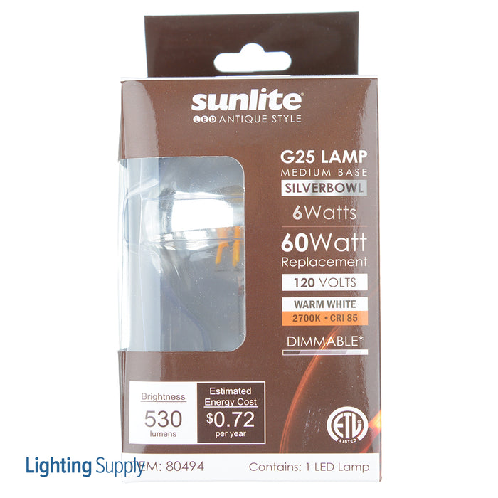 Sunlite G25/LED/AQ/SB/6W/D/CL/27K LED 2700K 120V 6W 530Lm Globe G25 Medium E26 Dimmable (80494-SU)