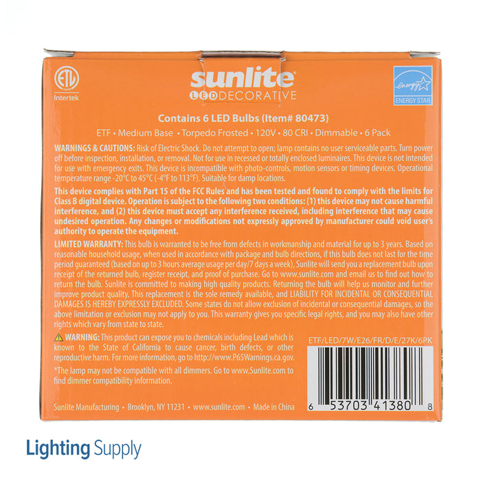 Sunlite LED B11 Bulb 7W 500Lm 2700K 120V E26 Base (41380-SU)