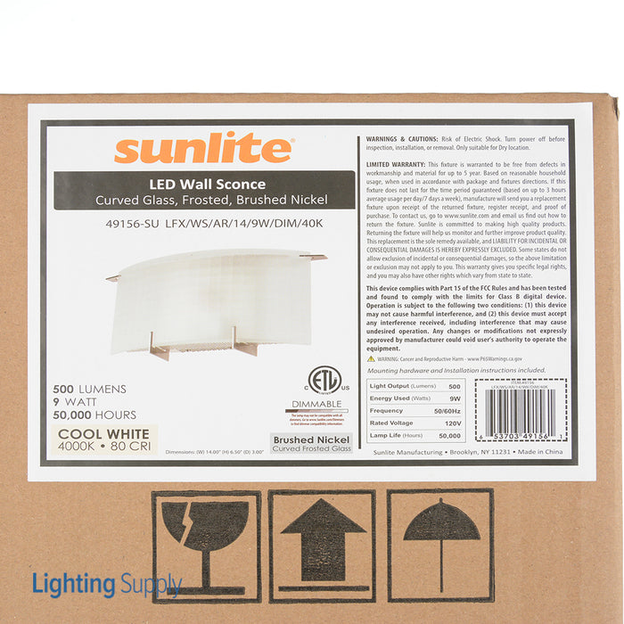 Sunlite LFX/WS/AR/14/9W/Dimmable/40K LED Curved Glass Wall Sconce Fixture 9W Dimmable 500Lm Frosted Glass Brushed Nickel Finish Cool White 4000K (49156-SU)
