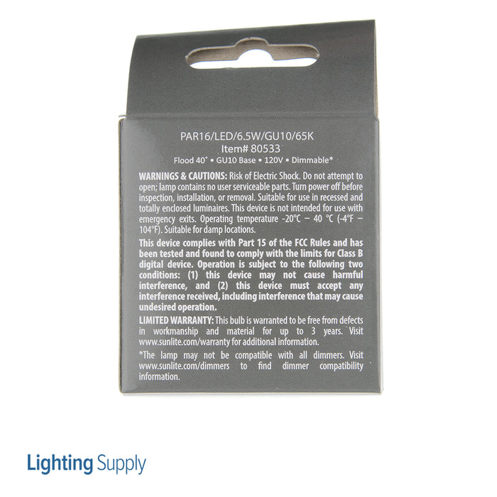 Sunlite PAR16/LED/6.5W/GU10/65K LED MR16 Track Light Bulb Reflector Spotlight 6500K Daylight 1 Pack (80533-SU)