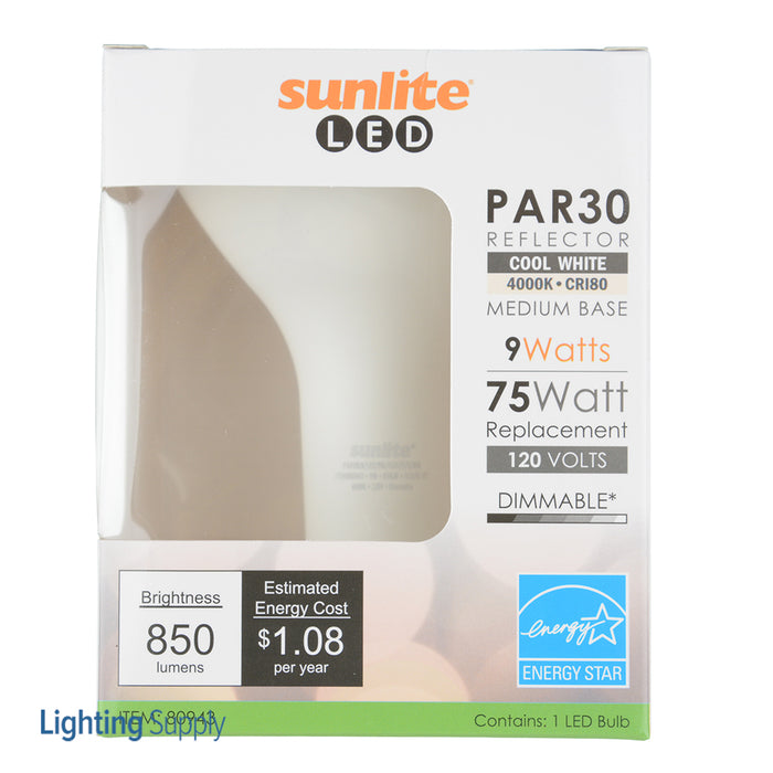 Sunlite PAR30LN/LED/11W/FL40/D/E/40K LED PAR30 Long Neck Light Bulb 11W 75W Equivalent 850Lm Medium E26 Base Dimmable 4000K Cool White 1 Pack (80943-SU)