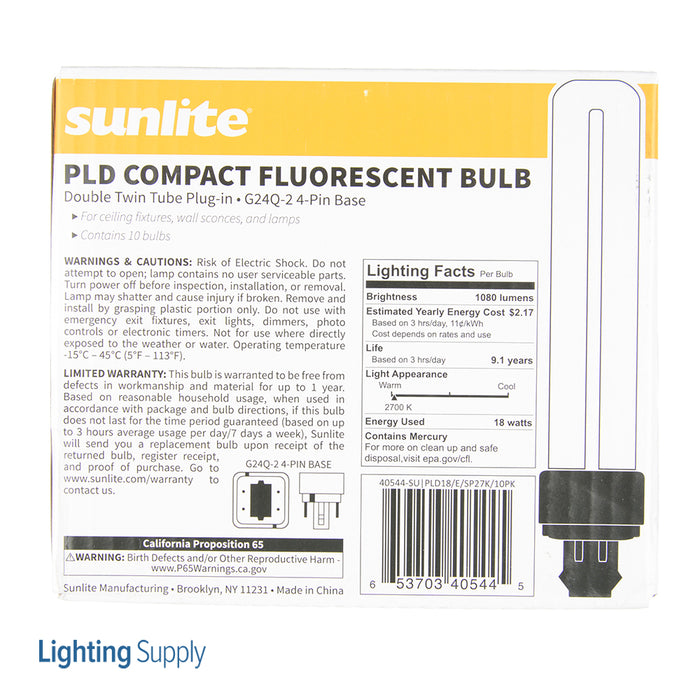 Sunlite PLD18/E/SP27K/10PK 18W Compact Fluorescent Plug-in PLD 4-Pin Bulb 1080Lm Warm White 2700K G24q2 Base (40544-SU)