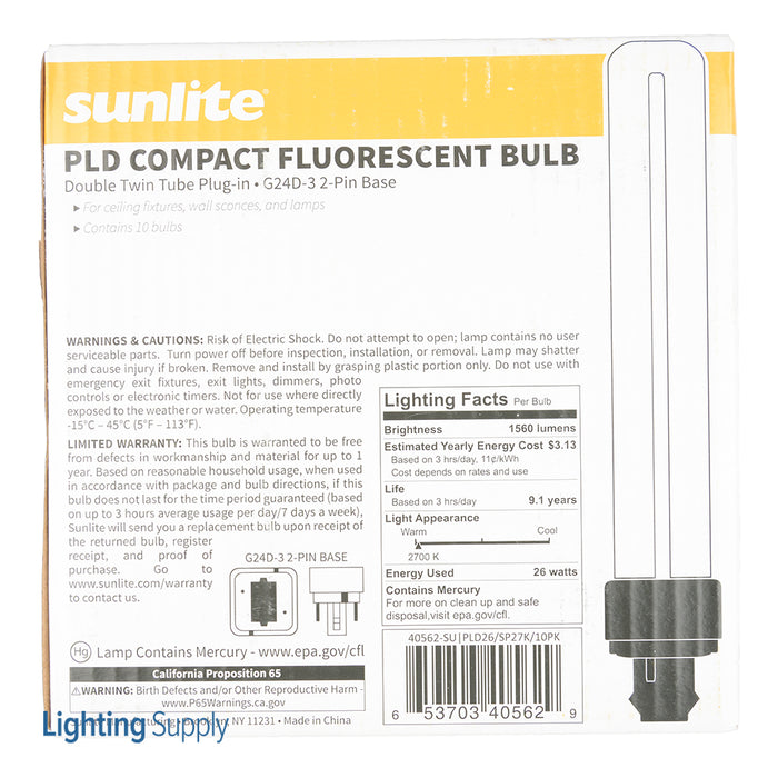 Sunlite PLD26/SP27K/10PK 26W Compact Fluorescent Plug-in PLD 2-Pin Bulb 1560Lm Warm White 2700K G24d3 Base (40562-SU)