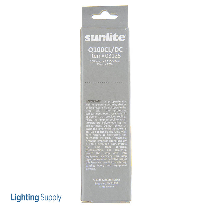 Sunlite Q100/CL/DC Halogen 3200K 120V 100W 1500Lm SPECIALTY T4 Double Contact Bayonet BA15D Dimmable (03125-SU)