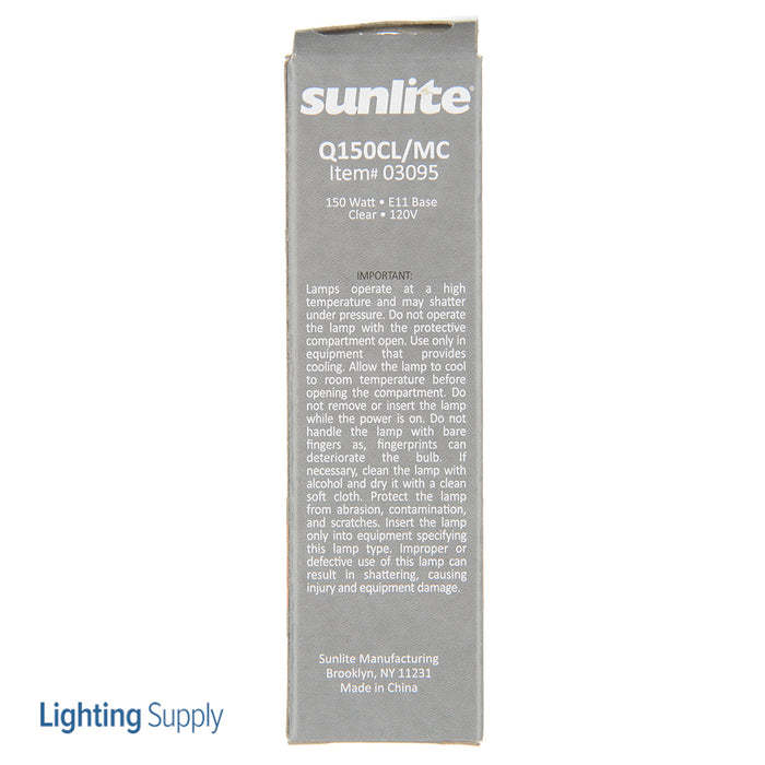 Sunlite Q150/CL/MC Halogen 3200K 120V 150W 2200Lm Tubular T4 Mini Candelabra E11 Dimmable (03095-SU)