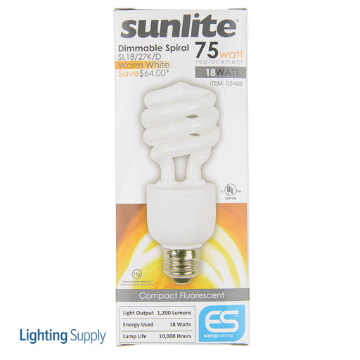 Sunlite SL18/27K/D Compact Fluorescent 2700K 120V 18W 1200Lm T3 Medium E26 Dimmable (05468-SU)