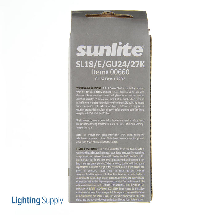 Sunlite SL18/E/GU24/27K Compact Fluorescent 2700K 120V 18W 1250Lm T3 GU24 Twist And Lock Non-Dimmable (00660-SU)