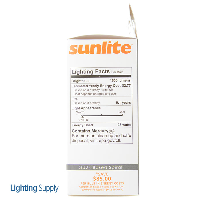 Sunlite SL23/E/GU24/27K Compact Fluorescent 2700K 120V 23W 1600Lm T3 GU24 Twist And Lock Non-Dimmable (00665-SU)