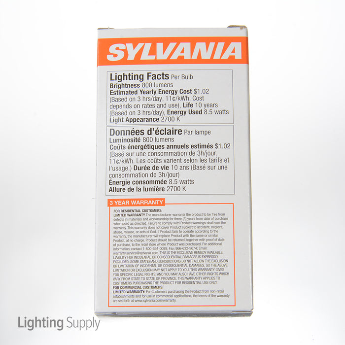 Sylvania LED8.5A19F82710YVRP 8.5W A19 LED 2700K 120V 800Lm 80 CRI Medium E26 Base Frosted Bulb (73885)