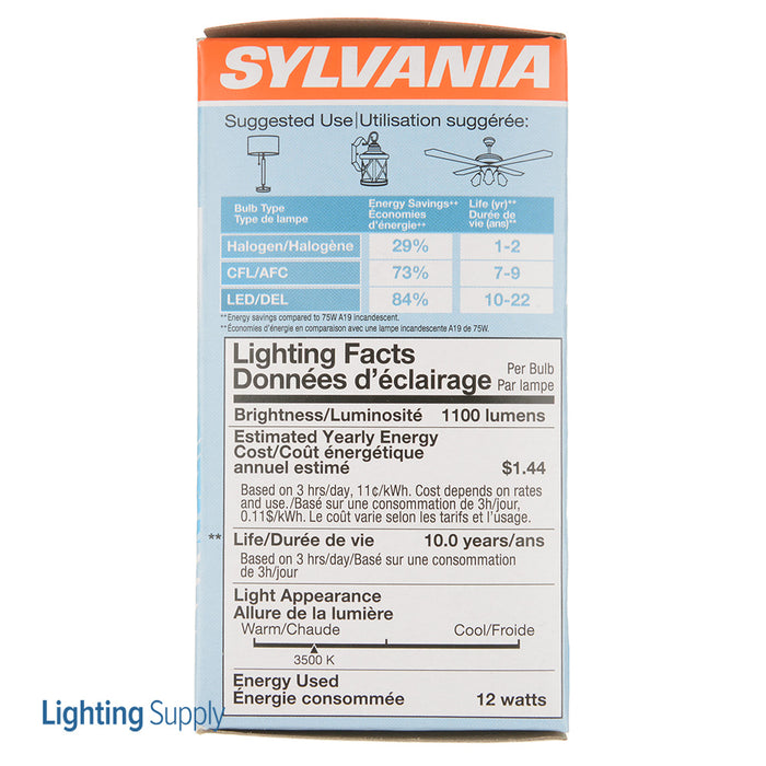 Sylvania LED12A19F83510YVRP Leda19 12W 80 CRI 1100Lm 3500K 11000 Life (78096)