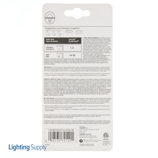 Sylvania LED5MR16830FL3510YVBL LED MR16 5W 81 CRI 350Lm 3000K 11000 Life 3 Pack/Priced Per Each (79129)