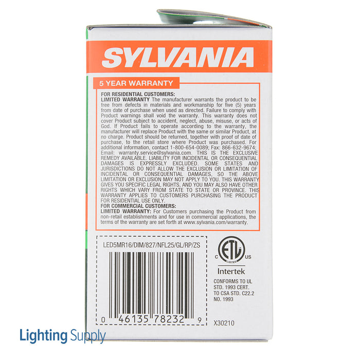 Sylvania LED5MR16/DIM/827/NFL25/GL/RP LED MR16 5W Dimmable 81 CRI 350Lm 2700K 25000 Life (78232)