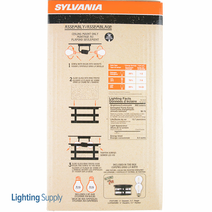 Sylvania Metal Flush Mount Indoor Ceiling Light 2 LED A19 800Lm Filament Lamps Included (60079)