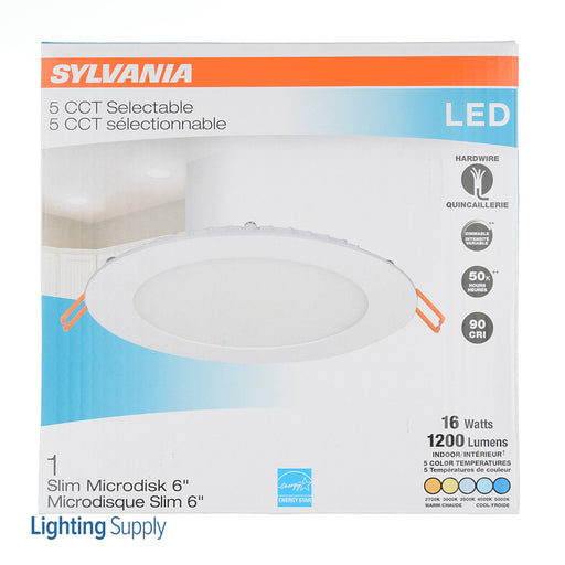 Sylvania Slim Microdisk 6 Inch 1200Lm 90 CRI 5 CCT Selectable 2700/3000/3500/4000/5000 16W 120V Phase-Cut Dimmable (61405)