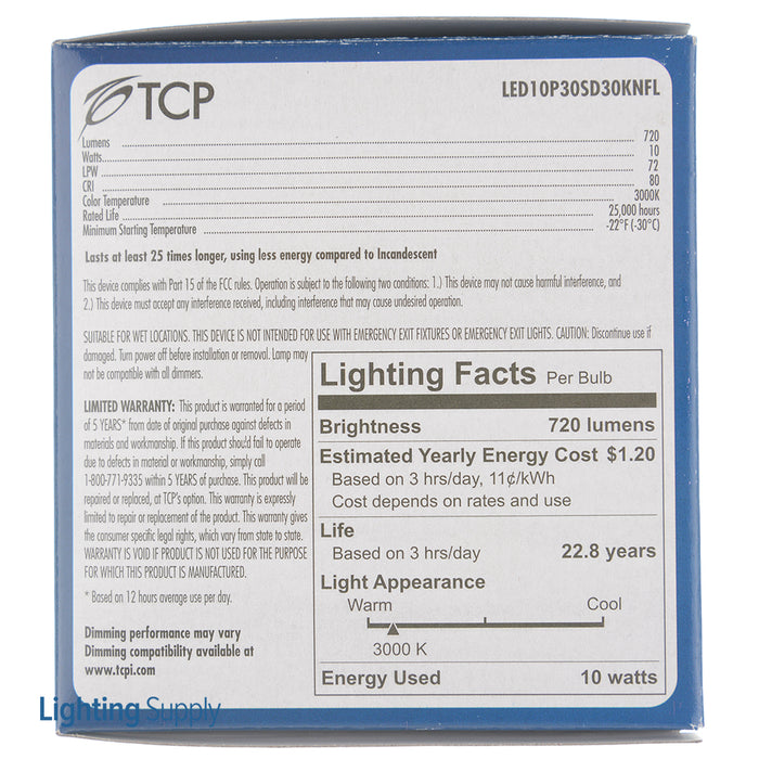 TCP 10 Watt 3000K Medium (E26) Base Dimmable LED PAR30 Short Neck 25 Degree LED Bulb (LED10P30SD30KNFL)