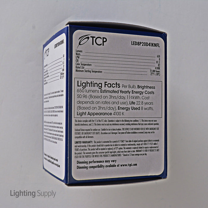 TCP 8W PAR20 LED 4100K 120V 530Lm 82 CRI Medium E26 Base Dimmable Flood Bulb (LED8P20D41KNFL)