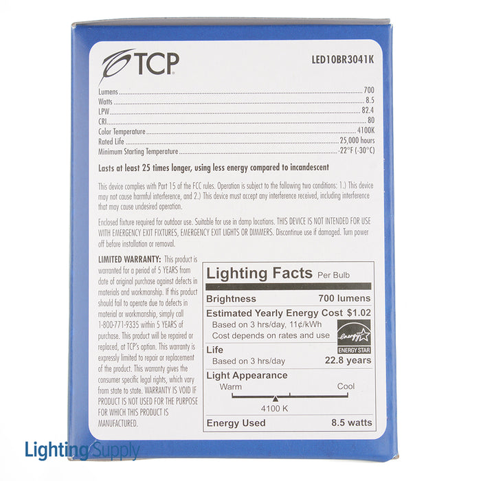 TCP LED 8.5W BR30 Non-Dimmable 4100K 700Lm 120V 80 CRI Medium E26 Base (LED10BR3041K)