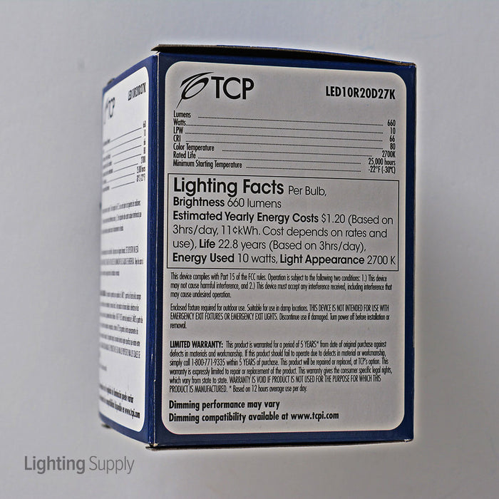TCP 9W 660Lm LED 2700K 120V Medium E26 Base Dimmable Smooth R20 LED Flood Bulb (LED10R20D27K)