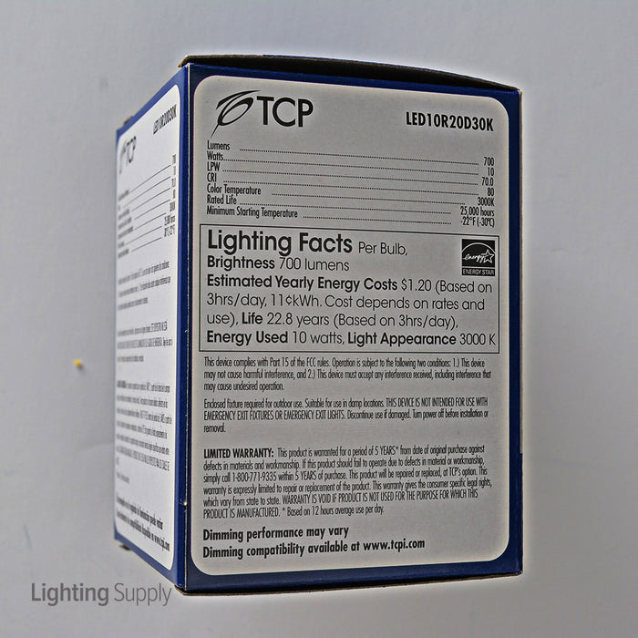 TCP 9W R20 LED 3000K 120V 660Lm Medium E26 Base Dimmable Smooth Flood Bulb (LED10R20D30K)