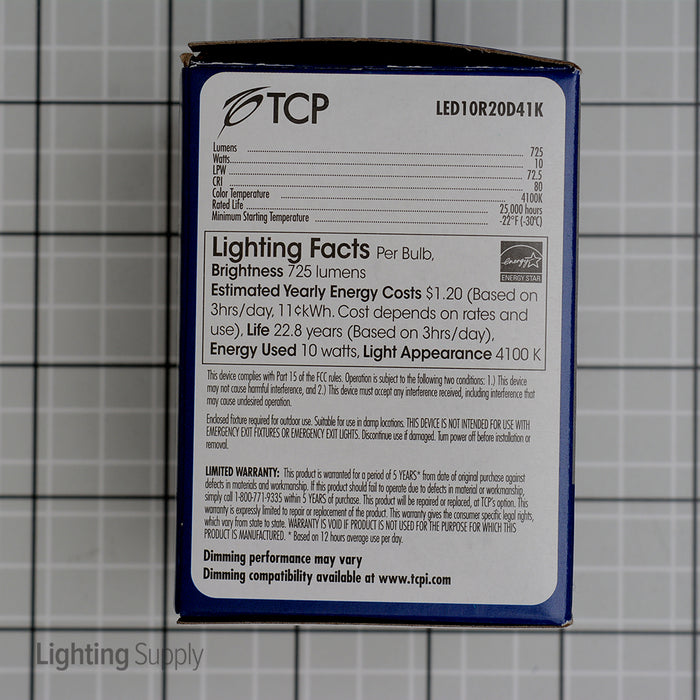 TCP 9W 4100K 725Lm 120V Medium E26 Base Dimmable Smooth Flood R20 LED Bulb (LED10R20D41K)