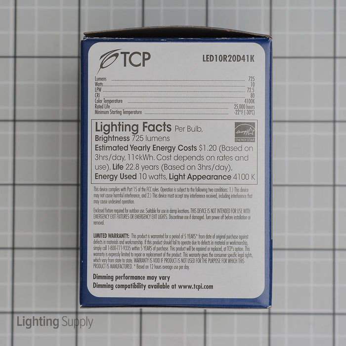 TCP 9W 4100K 725Lm 120V Medium E26 Base Dimmable Smooth Flood R20 LED Bulb (LED10R20D41K)