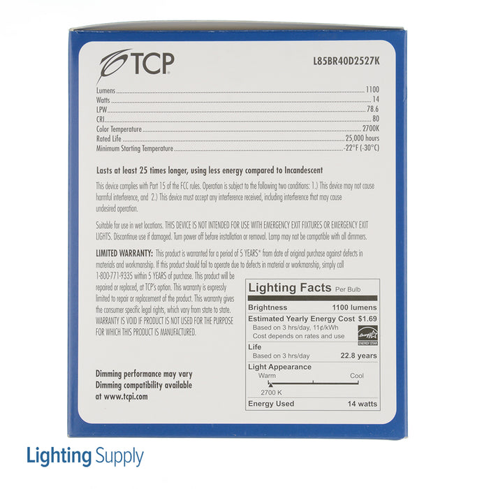 TCP LED 14W BR40 Dimmable 2700K 1100Lm 120V 80 CRI (L85BR40D2527K)